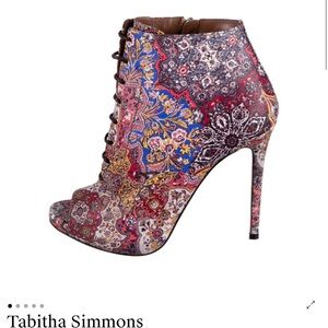 Tabitha Simmons Red Blue Gold Paisley Lace-Up Stiletto Booties